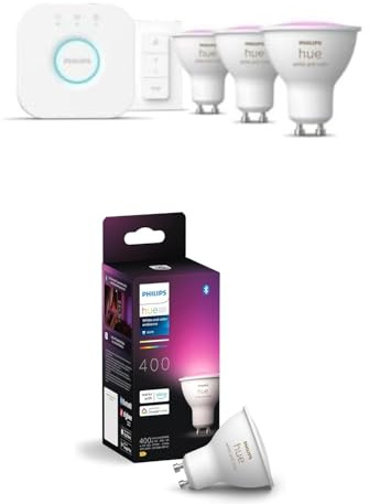 Philips Hue Pack de Démarrage – GU10 – avec 4 spots – Lumière blanche et colorée – Incl. 1 Hue Bridge, 1 variateur Hue – Hue White and Color Ambiance