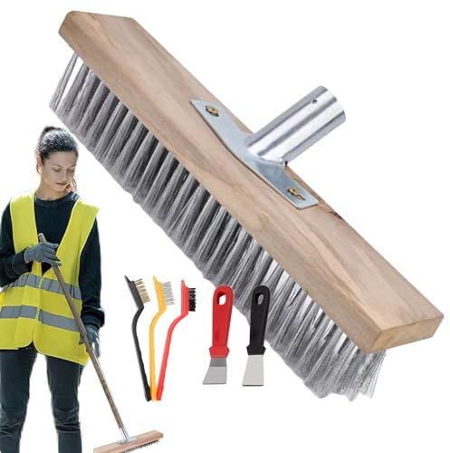 Heavy-Duty Push brooms Outdoor - Reinforced Metal brooms Head With Wood Handle Socket | Sturdy Wire Bristles For Concrete, Stone, Sidewalks, Garages | Heavy-Duty Cleaning For Leaves, Dirt, Snow