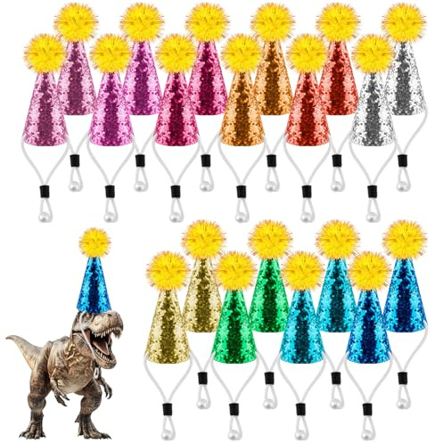 BOXOB 20 Pzs Mini Sombreros Fiesta Cumpleaños para Animales de Peluche, Diseño Banda Elástica Sombreros de Fiesta con Purpurina Pompones para Cumpleaños Juguetes Perros Gatos y Mascotas (10 Colores)