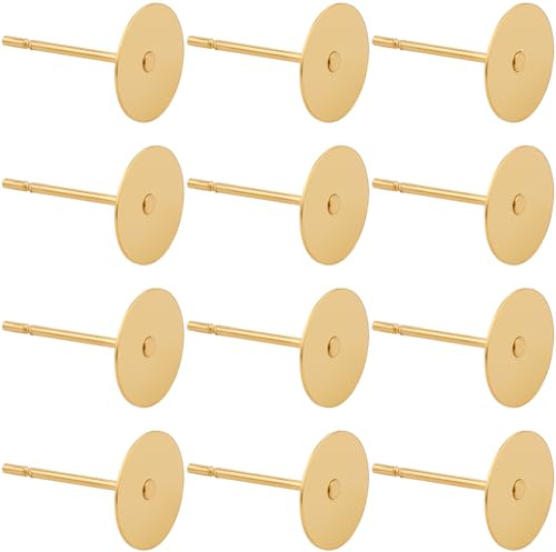 SUNNYCLUE 1 Scatola da 200 Pezzi di Veri Perni per Orecchini in Acciaio Inossidabile Placcato Oro 24K, Perni per Orecchini A Bottone, Sfusi, da 8mm, con Retro Piatto, Rotondi, Impostazioni Vuote, Dad