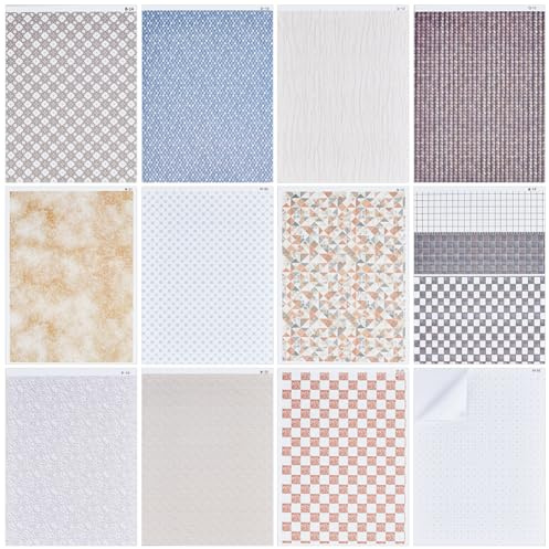BENECREAT 12 Colors Miniatures Dollhouse Wallpaper, 28.5x21cm/11.2x8.3 Inch Self Adhesive Textured PVC Wall Stickers for DIY 1/12 Scale Dolls House DIY Decor