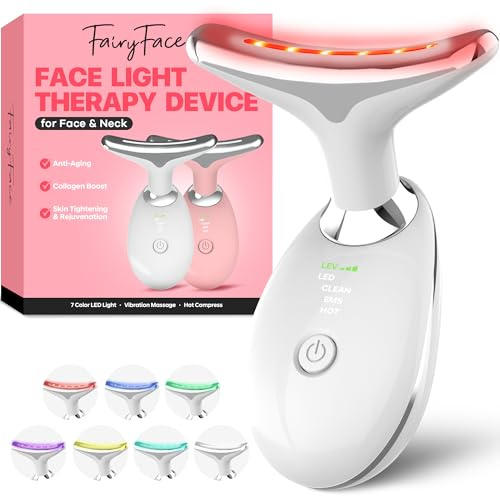 FairyFace Face and Neck Massager Tool with Red Light Therapy, LED Light Therapy Device for Face and Neck, Facial & Neck Care Tool for Skin Revitalization, Relaxation, Even Tone, Smoother-Looking Skin