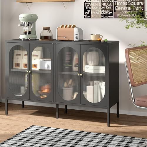 BIZOEIRON Metallschrank mit Glastüren, Sideboard Küchenschrank, Glas Vitrine Schrank mit Verstellbarem Regal, Anrichte Schrank für Küche Esszimmer Wohnzimmer, 40T x 120B x 84H cm, Schwarz