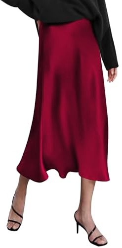 Zeagoo Women's Satin Skirt Long High Waist Skirt Elegant Silk Midi Skirt Autumn Winter Midi Business Skirt with Zip XS - XXL, wine red, S