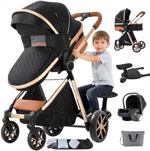 Aveainelle Cochecito 3 en 1 con Segunda Plataforma Para Niños, Trío de Viaje Reversible Para Bebés, Cochecito Plegable con Un Solo Clic y Accesorios Completos (Negro)