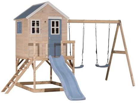 Wendi Toys M28PB Cabane sur pilotis avec Toboggan & Double balançoire, Maison en Bois FSC pour Enfants, 330×405×242 cm, Plateforme 90 cm, avec bac à Sable, Robuste & résistante aux intempéries, Bleu