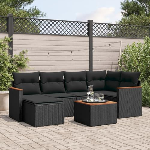 QJBSAVVA 7-TLG. Schwarz Poly-Rattan Lounge-Set mit Akazientisch 55x55 cm, modular, klein, Stauraum, abnehmbare Bezüge