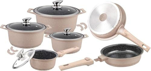 Lot Batterie de Cuisine Induction 13 Pièces Poêles, Marmites & Casserole en Fonte d’Aluminium – Manches Amovibles – Revêtement Céramique Antiadhésif Sans PFOA/PFAS Tous Feux &Couvercles Verre (Beige)