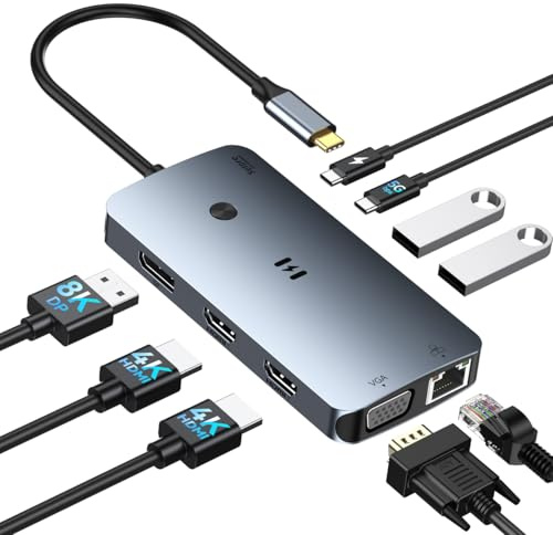 Estación de acoplamiento USB C para 4 monitores, 9 en 1, estación de carga para ordenador portátil, doble monitor, USB C, adaptador de monitor múltiple con doble HDMI, DisplayPort, VGA, 1 Gbps