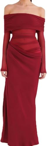 Sukiglam Vestito Lungo Donna Elegante Maxi Abito con Spalle Scoperte Maniche Lunghe Sexy Aderente Vestiti in Rete Trasparente Abiti da Sera Cerimonia Festa Discoteca Autunno Inverno Bodycon Tubino