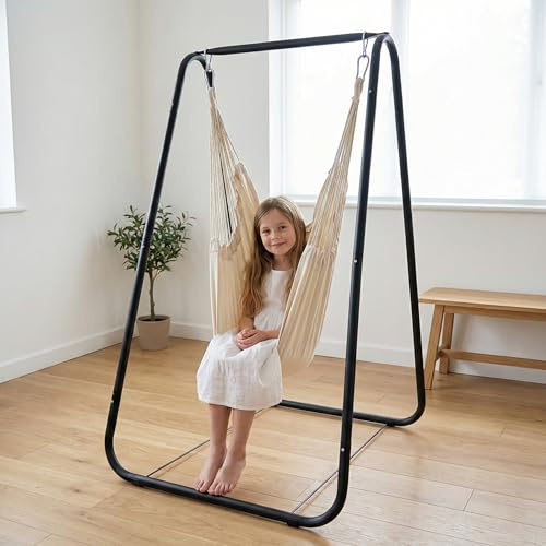 Soporte para Silla Colgante, Estructura en A de Metal Recubierto Resistente, Base Antideslizante con Alfombra de Goma, Soporte Ajustable Ahorro Espacio, Carga 100 kg, 85 x 80 x 144 cm (Negro)
