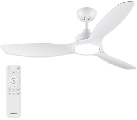 PHILIPS Fixed-Blade ventilatore a soffitto illuminazione LED, 3 pale, 132 cm di diametro, 2650 lumen, luce bianca tunabel da 3000 K a 6500 K, intensità regolabile al 5%, telecomando incluso, bianco