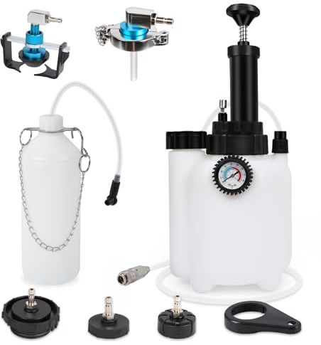 PLAYOCCAR Kit de purge de frein de 3 l, parfait pour changer le liquide de frein sur la voiture, avec bouteille de vidange de 1 l, 5 adaptateurs de cylindre principal et adaptateur E20 – Idéal pour