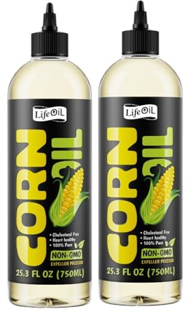 LifeOiL Corn Oil, Expeller-Pressed, Non-GMO, High-Heat Cooking Oil, 25.3 fl oz (750 mL), 2-Pack Squeeze Bottles