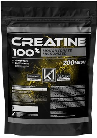 K1 NUTRITION - Creatina Monoidrata Micronizzata - Creatina 200 Mesh in Polvere - Pre Workout Palestra - Integratori Alimentari Senza Glutine e Senza Lattosio - Creatina in Polvere Vegana - 500 grammi