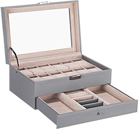 BEWISHOME Uhrenetui SSH02H Uhrenbox mit 12 Fächern, Schmuck-Schublade, verstellbares Tablett, Uhrenaufbewahrung für Herren mit Glasplatte, Uhrengehäuse, Schmuckschatulle für Damen und Herren, Grau