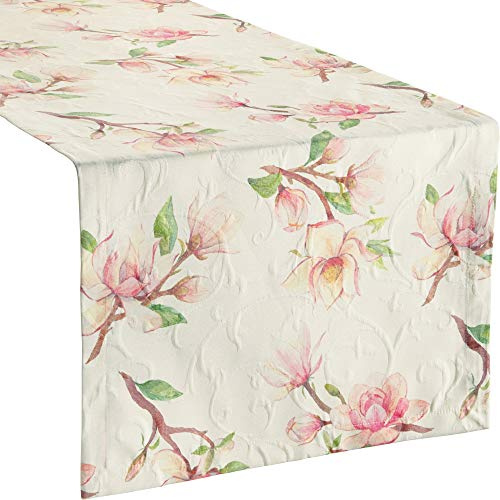 Erwin Müller Tischwäsche, Tischläufer Magnolienblüten Jacquard Magnolie Größe 50x150 cm - hohe Strapazierfähigkeit, mit Kuvertsaum, bügelfrei