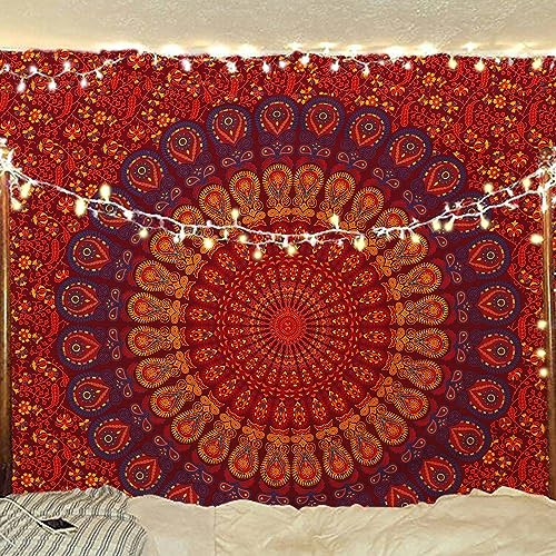 Bless International Indian hippie Bohemian Psychedelic Golden Blue Peacock Mandala Wall hanging Bedding Tapestry (Golden Brown Maroon, Medium (54x60Inches)(137x152cms))