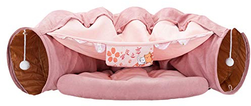 HONGBI Katzentunnel Katzenbett 2 in 1, Zusammen Klappbare Abnehmbare, mit Kleine Ball, für Katzen Kaninchen Welpe, Plüsch Katzenbett, Katzenspielzeug Rosa L126cm+D27cm+L58cm