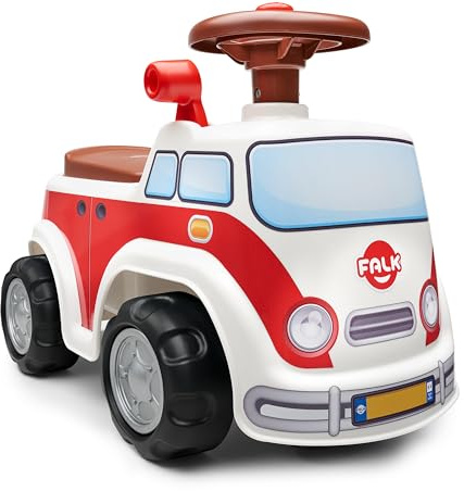 Falk - Retro Combivan Rutschauto – ab 12 Monaten Lenkrad mit Hupe – Hebel mit Soundeffekt – Aufbewahrungsbox – Nummernschild personalisierbar – 703