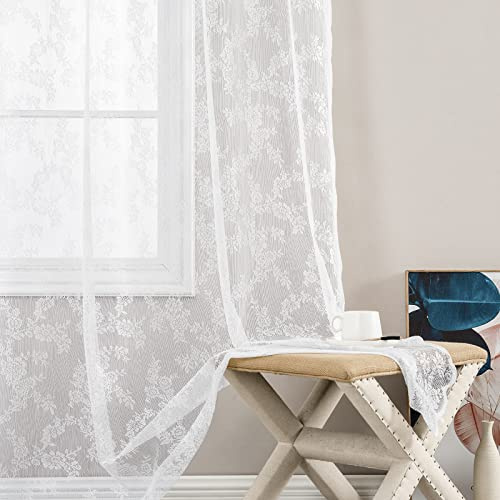 TOPICK Spitzen Gardinen lichtdurchlässig H 145 x B 150 (cm) 2er Set Lace Vorhänge Schal Rose Gardine mit Ösen Durchsichtig Vorhang für Wohnzimmer Esszimmer Schlafzimmer Weiß