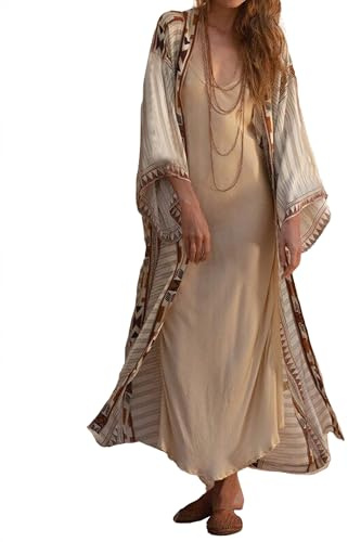 Bsubseach Strandponcho med guldfärgat geometriskt tryck för damer, badmode, långärmad strandkimono/sommarcardigan