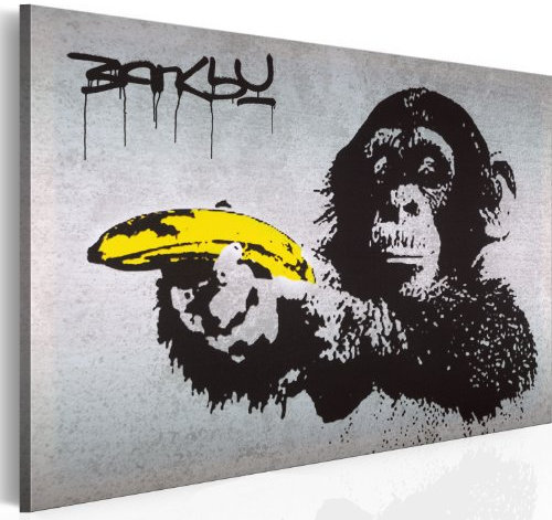 B&D XXL - Akustikbild Banksy 120x80 cm 1 tlg Bilder Akustikschaum Schallschutz Akustikpaneele Wandpaneele Schalldämmung Schallabsorber Monkey with Banana Gun Affe mit bananen Pistole 030115-40