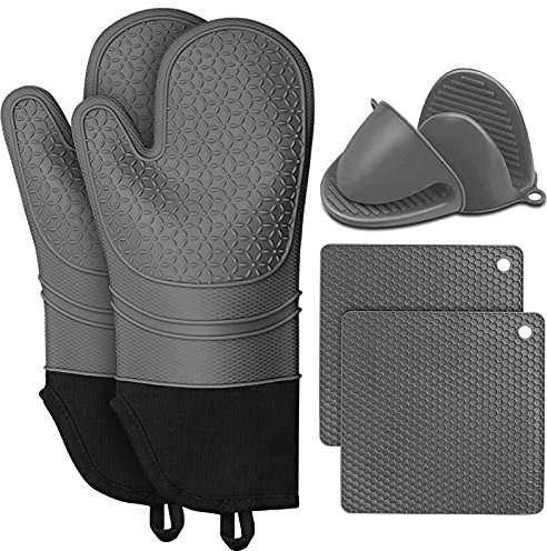 KERYCHIN Ofenhandschuhe aus Silikon und Mini Topfhandschuhe mit Untersetzer Set, rutschfest, Hitzebeständig 260 °C, Leicht zu Reinigen, Backhandschuhe für Mikrowelle, Backofen, Grill, 36,5 cm, Grau