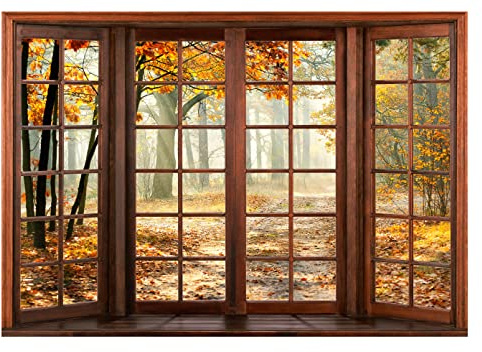 Carta Da Parati Fotografica Finestra 3D Effetto Foresta Autunno Bosco - Include Colla - Moderna Design Carta per Pareti Soggiorno Camera Da Letto Fotomurali In Tessuto Non Tessuto TNT (312x219 cm)