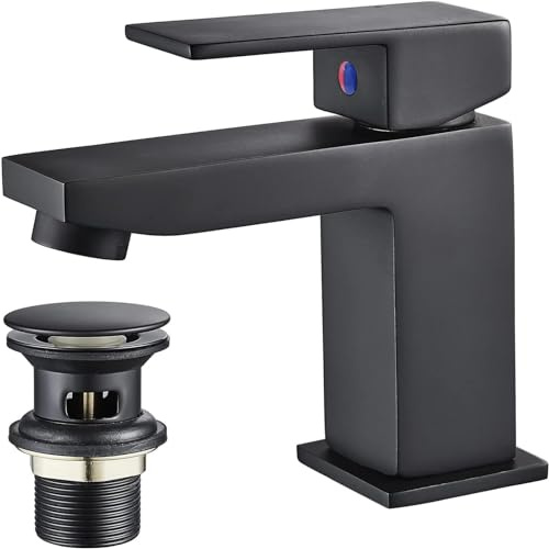 Luckyhome Basin Mixer Tap with Pop up Waste,Washroom Square Single Lever Chrome Brass Mixer Tap（Black）