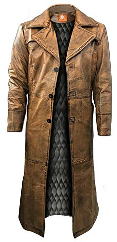 Trench marrone da uomo, pelle invecchiata, vintage sotto il ginocchio, cappotto lungo in pelle di agnello originale, Pelle, XXXL