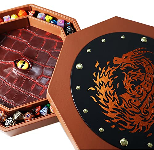 Fantasydice 30,5 cm Feuerdrachenaugen-Würfeltablett mit Deckel, extra großes Achteck, mit Würfel-Bühnenbereich, für 7 komplette Würfel-Sets, ideal für Tisch-RPGs und Brettspiele