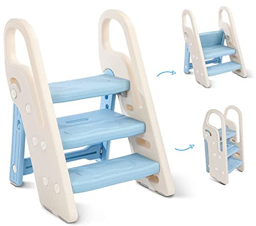 Onasti Marche Pied Pliable pour Enfant, Marchepied 3 Marches pour bébé, Marchepieds Hauteur réglable pour Chambre de bébé Rehausseur Stable, Multifonction et Antidérapant (Bleu)