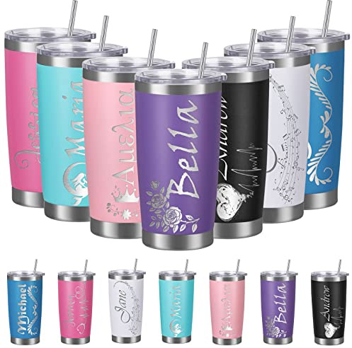 Gobelets Personnalisés avec Couvercle et Paille Gobelet Isotherme Personnalisé Gravé avec Nom Tasses à café en acier Inoxydable Personnalisées Cadeaux pour Hommes Femmes (20 oz, Violet)