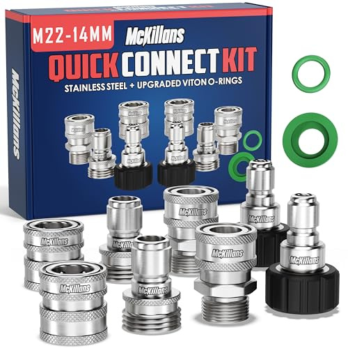 McKillans® M22–14 mm Hochdruckreiniger-Schnellverbindungs-Set, M22–14 mm auf 3/8 Zoll männlich weiblich, Schnelltrenn-Set für Hochdruckreiniger (Edelstahl)