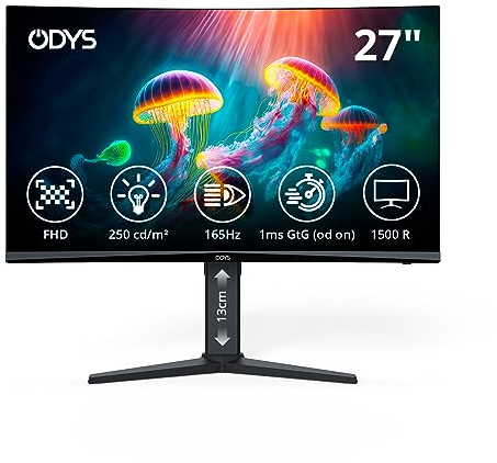 Odys XP27 69cm (27) Vario FHD Curved Gaming Monitor (1.920x1.080 Pixel, 250 cd/m², 165 Hz, 2ms Reaktionszeit, 1500R Radius, Höhenverstellbar, Blaulicht Reduktion, HDMI, Display Port, 3,5mm Audio)