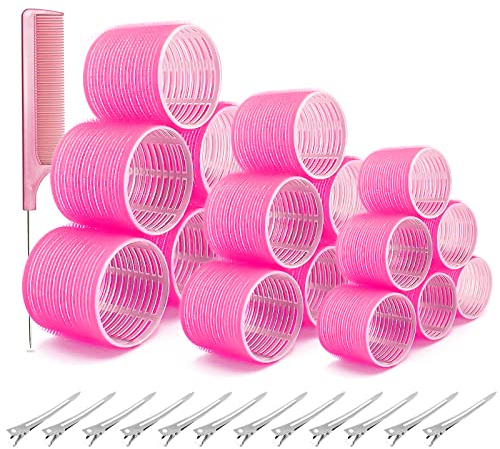 31 PCS Hair Rollers Set, 18 Pcs Self Grip Hair Rollers Include 64mm 44mm 36mm, 12 Clips, 1 Combs for Long Medium Short Hair, DIY Hair Styling, Salon Hairdressing Rollers Tools (Pink)