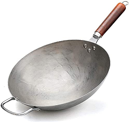 YZJSSL Wok de Acero al Carbono Sartén Tradicional martillada a Mano con Mango de Madera Auxiliar, Fondo Redondo, 14 Pulgadas, para deliciosos Platos woks