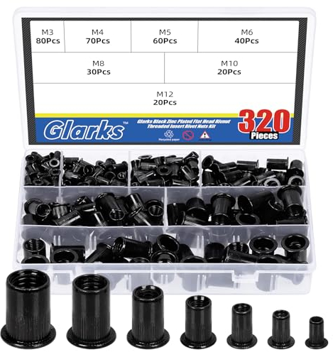 Glarks 320Pcs Metric Rivet Nuts Kit - Black Zinc Plated Carbon Steel Flat Head Threaded Insert M3-M12 Rivnut Assortment Set