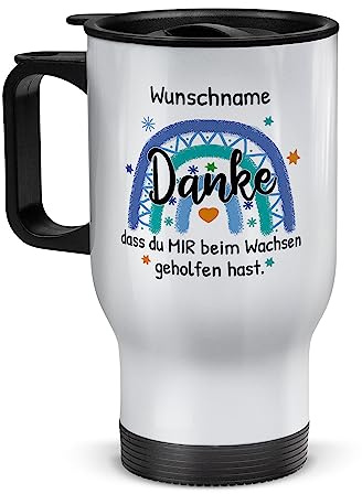 Tassendruck Edelstahl-Thermobecher selbst gestalten mit Name - Danke, dass du mir geholfen hast - Regenbogen - Geschenke für Erzieher, Coffee to Go Becher | Personalisiertes Geschenk, Weiß, 390 ml