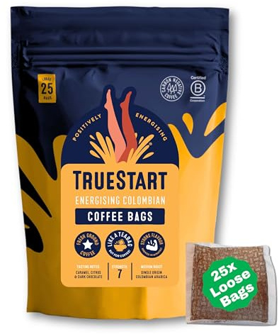 TrueStart Coffee Bags, Smooth Energising Colombian, 1 Pack, 25 Loose Bags | Quick Steep, Individually Wrapped, 100% Colombian Arabica - Mycotoxin-Free & Antioxidant Rich Coffee, Resealable Pouch