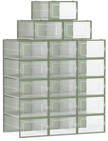 SONGMICS Shoe Boxes, Pack of 18 Stackable Shoe Storage Organisers, Foldable and Versatile for Sneakers, Fit up to UK Size 9.5, Transparent and Laurel Green LSP18SG30