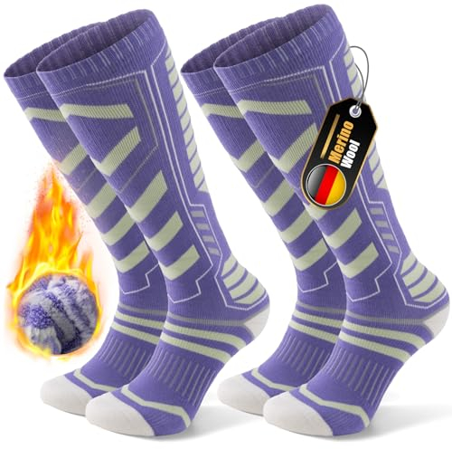 PULIOU Skisocken Merinowolle, Thermosocken Herren Snowboarden, Atmungsaktiv Schnell Trocknend Antiblasen Warme Dicke Merino Socken Für Kaltes Wetter Herren Damen Jugendliche 35-51(2 Paar) Violett M