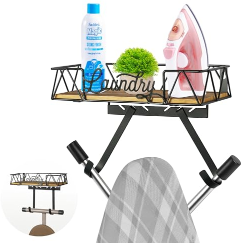PERFNIQUE Ironing Board Holder, Iron Board Wall Mount, Ironing Board Hanger, Laundry Room Organization with Removable Hooks(T&V Shaped), Wooden Base Basket, Farmhouse Laundry Room Decor (Laundry)