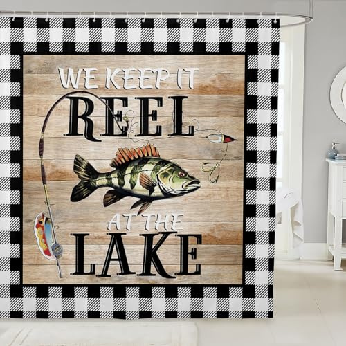 Ike Fish Shower Curtain Go Fishing Rod Bathroom Curtains,Rustic Lodge Cabin Brown Wooden Plank Bath Curtain Black and White Lattice Checkered Buffalo Plaid Decor,Lake House Decor,72Wx72L
