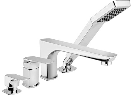 Badewannenarmatur Wannenrandarmatur, Chrom, 4 Loch | Mischbatterie für Wannenrandmontage, mit Handbrause, Umsteller, Wanneneinlauf und komplettem Anschlussmaterial