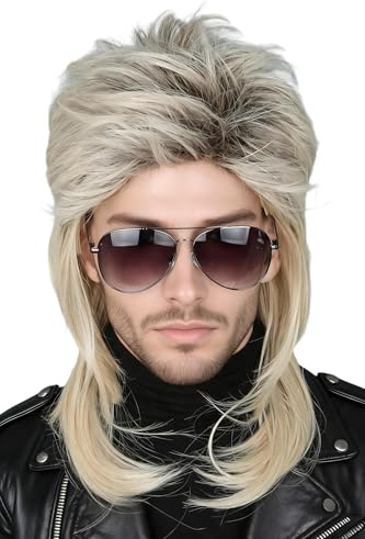 LeMarnia 80er Jahre Rocker Vokuhila Perücke für Männer Halloween Party Kostüm Perücken