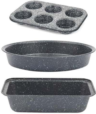 Salter COMBO-9288 Megastone Cake Tin Set – Non-Stick Bakeware Oven Trays, Carbon Steel, Muffin Tray, Round Cake Pan, Loaf Tin, Easy Clean, Lightweight, Fixed Base, For Bread, Fairy Cakes, Sponge Cakes