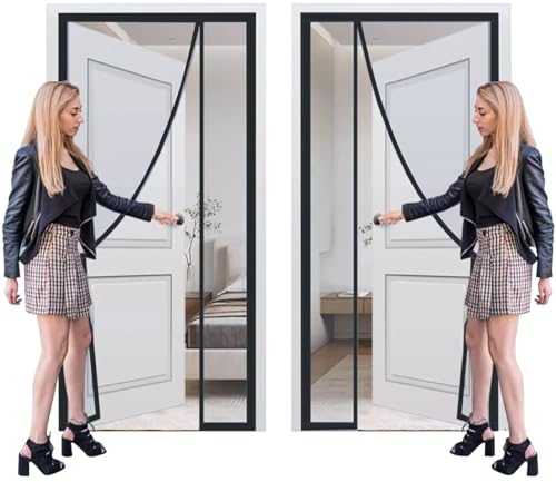 Puerta de balcón con mosquitera magnética - Puerta de protección contra insectos resistente a los arañazos 180x205cm Puerta de patio con protección contra moscas Negro