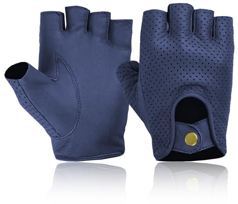 COLOURLINX Unisex Mens Ladies Fingerless Genuine Leather Driving Gloves Half Finger Outdoor Sports Gym Biker Cycling Motorbike Wheelchair Gloves (Navy Blue, L)